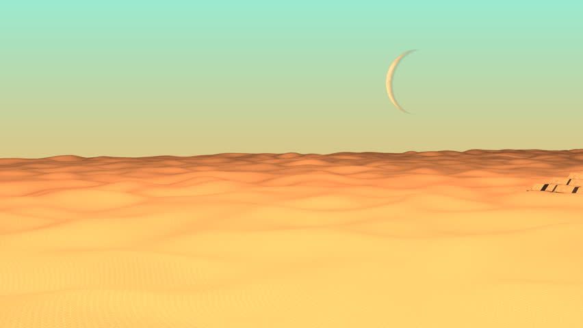 CG of pyramids, palm trees in foreground and moon in the sky.