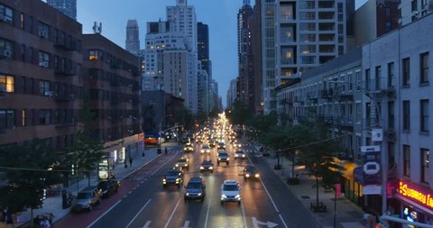 NEW YORK - Circa August, 2016 - An evening aerial view of Midtown Manhattan as seen from the Roosevelt Island Tram.	 	