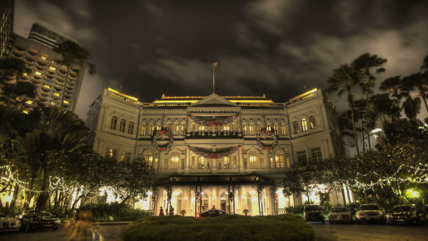 Timelapse of the Raffles Hotel at night on December 25, 2011 in Singapore. Opened in 1899, it was named after Singapore