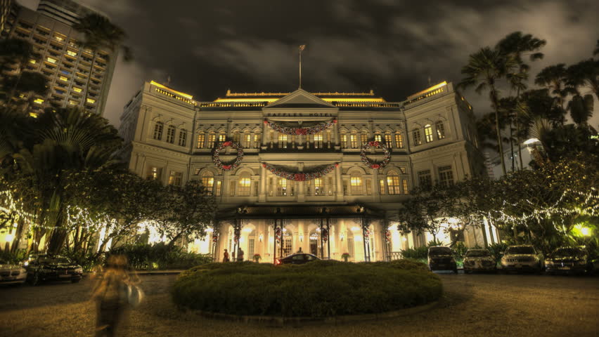 Timelapse of the Raffles Hotel at night on December 25, 2011 in Singapore.