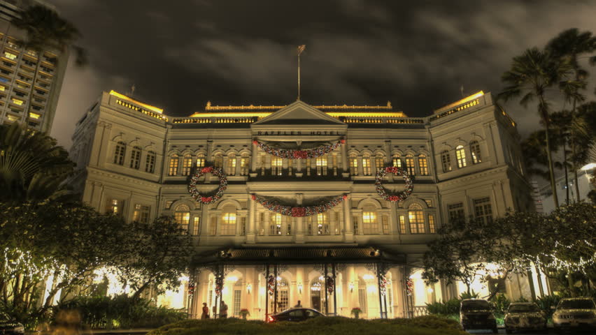 Timelapse of the Raffles Hotel at night on December 25, 2011 in Singapore.