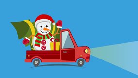 Delivery flat transport truck, van with xmas tree snowman and gift box pack on blue. Delivery service van delivery truck gift box. Product goods shipping transport 4K FullHD and HD video flat footage
