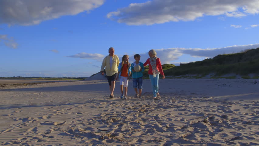 Grandparents Walk With Grandchildren On Beach In Slow Motion Royalty-Free Stock Footage #18909011