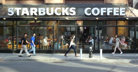 NEW YORK CITY - MAY 8, 2015: Starbucks store. Starbucks is the largest coffeehouse company in the world.