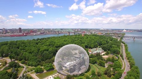 Montreal, Canada - July 3: Aerial view of the Montreal Biosphere and Jacques Cartier bridge in Montreal, Quebec, Canada. 