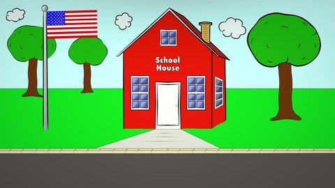 Cartoon: School bus drops students off at school house.