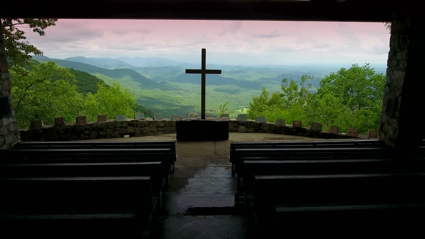 Aerial of mountain chapel in the Blue Ridge Mountains called Pretty Place. Church on a cliff in the mountains of South Carolina upstate near Greenville SC.