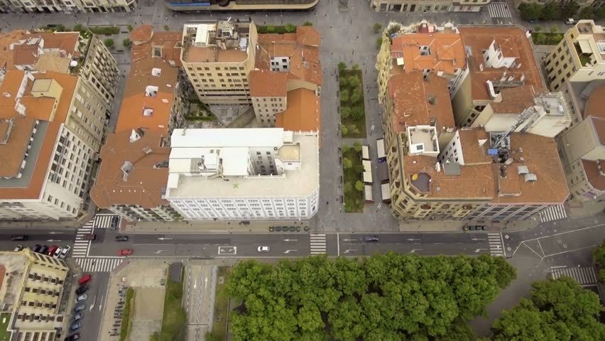 Overhead aerial shot of bullring stadium in Pamplona, Spain