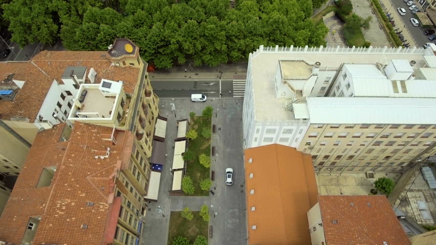 Flying above famous bullring stadium in Pamplona, Spain