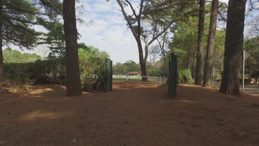 Dolly in through gate revealing field of equestrian events at dawn