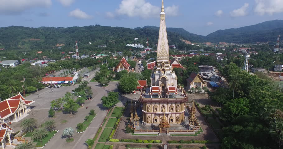 Chalong temple aerial view pagoda of Chalong temple Phuket Thailand Chalong temple is famous temple of Phuket