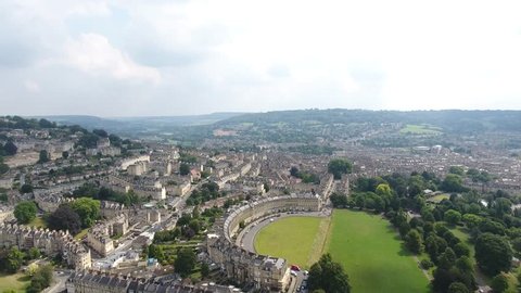Establishing Aerial City Vew of the Royal Cresent in Bath, in the rolling countryside of southwest England - 21 August 2016 