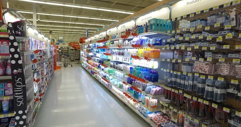 MONTREAL, CANADA - AUGUST 2016: Cosmetics Department At Walmart - Smooth Steadicam Display (4k UHD 4096 x 2160)