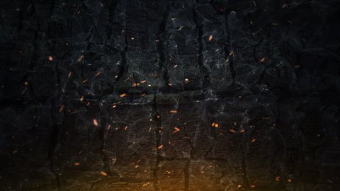 Animation of glowing sparks from burning fire and bright wooden coals. Animation of seamless loop.