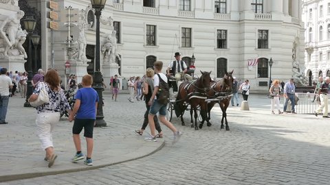August 16, 2016,    carriage horses in Michaelerplatz in Vienna