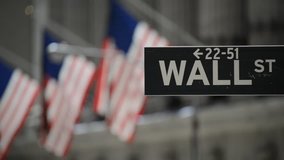 Wall Street sign with American flags purposely blurred in background, HD video