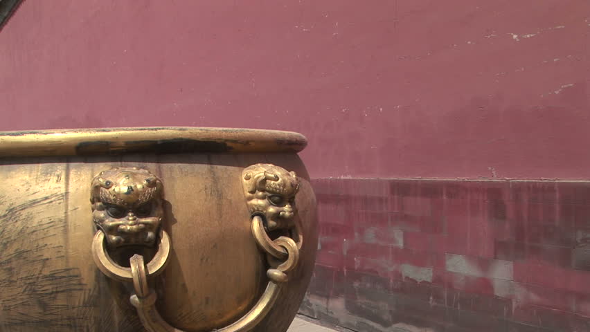 Zoom in,Lion Head on Chinese Fire Bowl, in case of fire, Forbidden City, Beijing, China