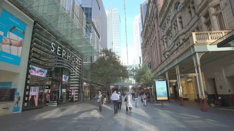 Sydney, Australia - June 26, 2016: 4k video of walking along the Pitt Street Mall in Sydney, Australia. It is one of busiest shopping precincts in Australia.