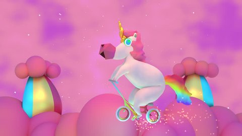 3D Cartoon Magic Unicorn And Rainbow Clouds Animation. Cute and mythical horse riding on a bike and having fun playing in the sky, Glowing spark lights particle effect trail.