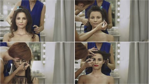 Union of the four frames - Professional make up artist working on a model - gothic style, pin up style, casual beauty style, glam rock style, time lapse