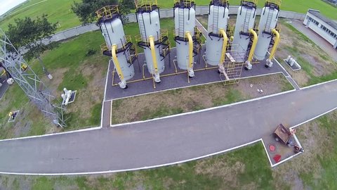 Station gas supply. Pipelines for transporting gas. Cisterns for gas storage. Filming from drone.
