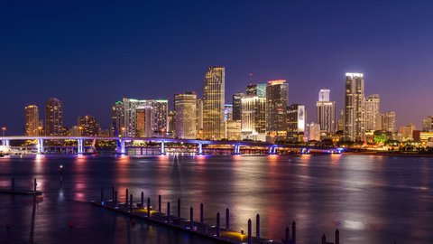 Miami, Florida, USA skyline time lapse over the bay.