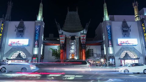 Hollywood, Los Angeles, California, Circa 2016: crowded street at the Graumans Chinese Theater. Traffic passing by the famous Hollywood Boulevard in downtown Los Angeles. Timelapse. United States.

