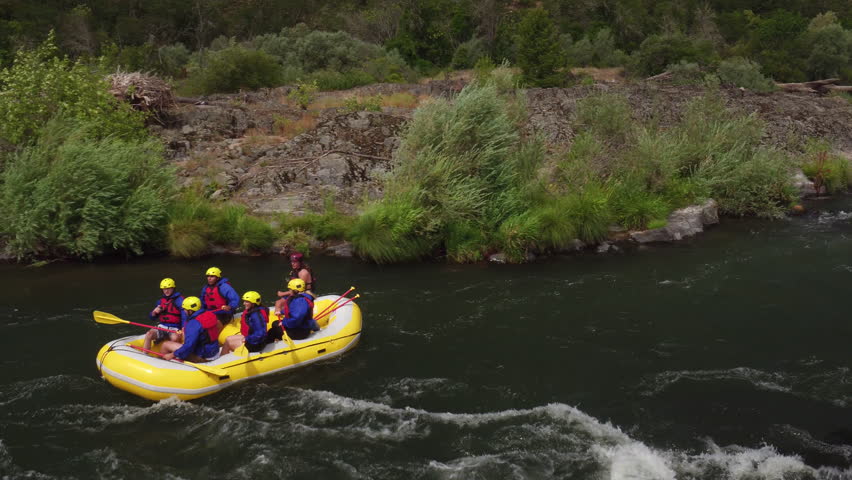 Aerial shot of people white water rafting on Rouge River, Oregon