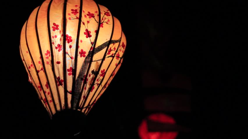 Beautiful asian lamp with red flowers