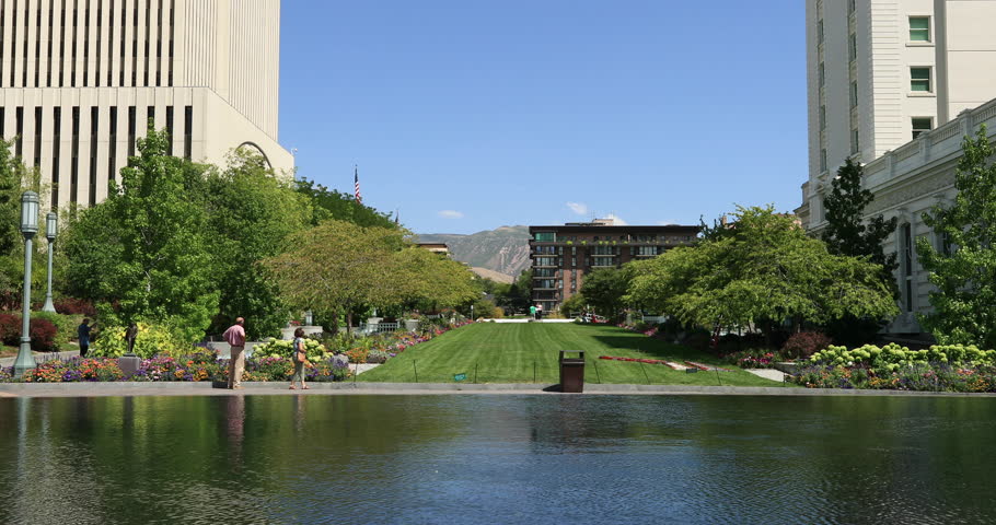 SALT LAKE CITY, UTAH - AUG 2016: Mormon LDS Church Headquarters reflection pool Utah. Church of Jesus Christ of Latter-day Saints, Mormon. Historic Temple and Tabernacle. Membership over 16 million.