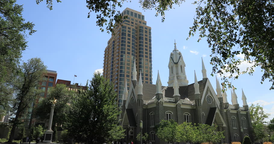SALT LAKE CITY, UTAH - AUG 2016: LDS Temple Square Utah Assembly Hall. Church of Jesus Christ of Latter-day Saints, Mormon. Historic Temple and Tabernacle. Membership over 16 million.