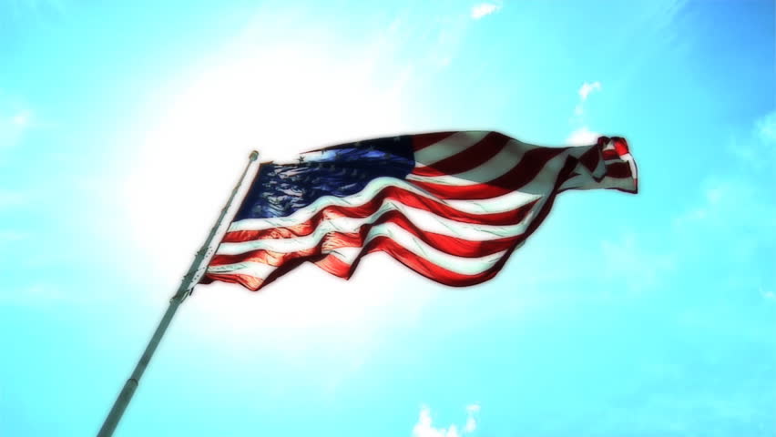 HD clip of the American flag wavering over a light blue background. 
