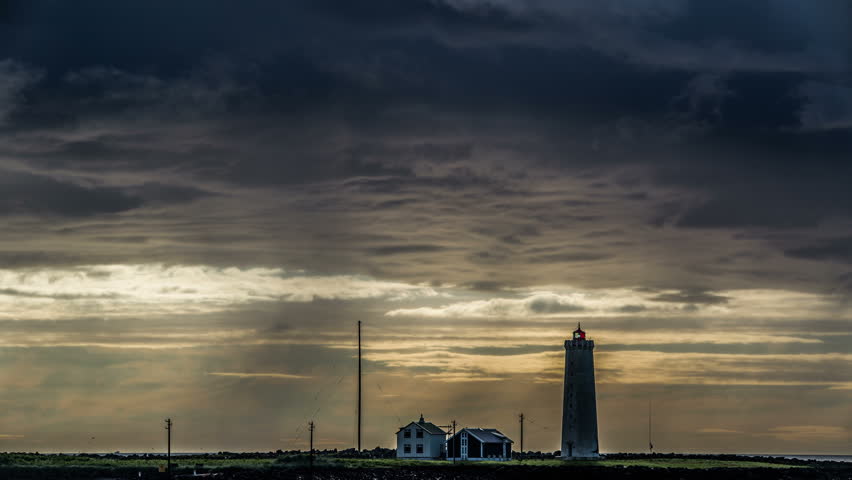 Grotta lighthouse summer rain storm high contrast light Iceland time lapse 4k