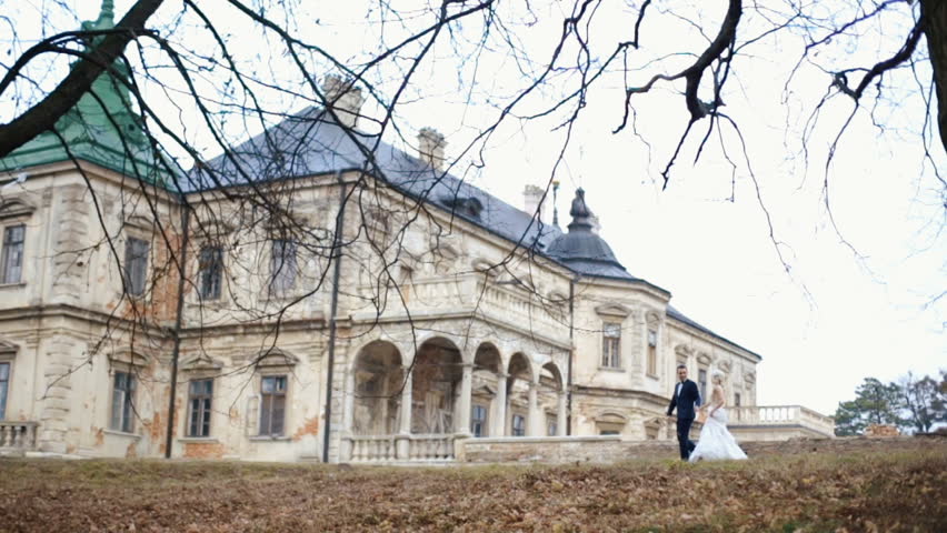 Charming loving newlyweds have a romantc walk near the magnificent medieval castle