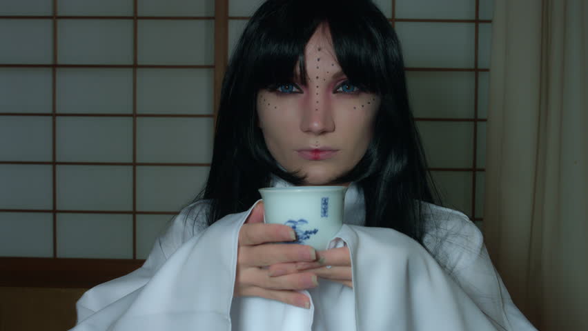 4k Anime Shot of a Japanese Woman Geisha Drinking Tea, close-up