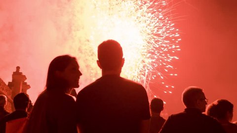 Romantic Young Couple Silhouette Watching Fireworks Hugging Love Relationship Celebration Concept