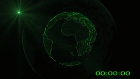 World map. Rotating Earth from glowing particles on a dark background and digital clock. after effect - Powered by Shutterstock - Get 15% off with code: PIKWIZARD15