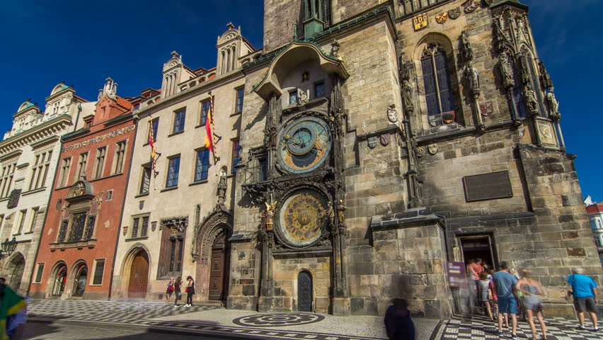 Prague Astronomical Clock timelapse hyperlapse, medieval astronomical clock, on the southern wall of Old Town City Hall in the Old Town Square, Prague, Czech Republic