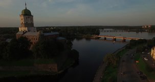 Aerial view drone video of Vyborg town, channels around town center and Vyborg fortress in Russia