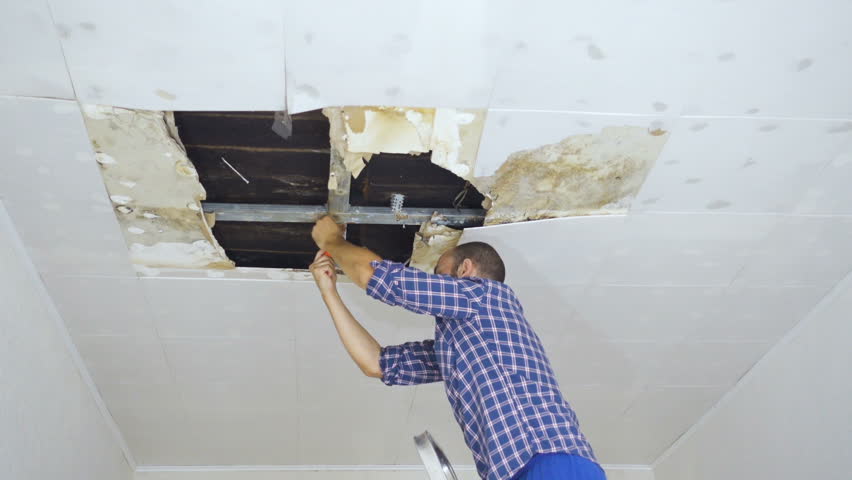 Video Stok Man Repairing Collapsed Ceiling. Ceiling (100% Tanpa Royalti ...