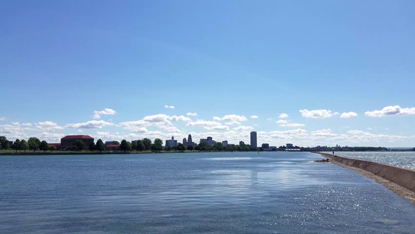 BUFFALO, NEW YORK, USA â?? August 23, 2016: View of the Buffalo skyline from the break wall separating the Black Rock Canal from the Niagara River.

