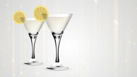 Party invitation animation background. Martini cocktail glass with lemon. Realistic alcoholic beverage. Ultra High Definition 4K video.
