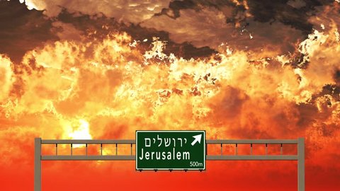 4K Passing Jerusalem Israel Highway Sign in the Sunset 3D Animation