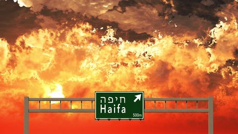 4K Passing Haifa Israel Highway Sign in the Sunset 3D Animation
