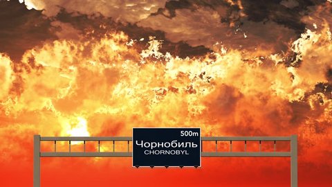 4K Passing Chornobyl Ukraine Highway Sign in the Sunset 3D Animation