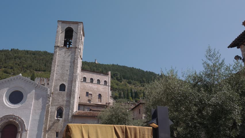 Panorama of San Giovanni (St John) church in Gubbio and Palazzo dei Consoli palace, Italy