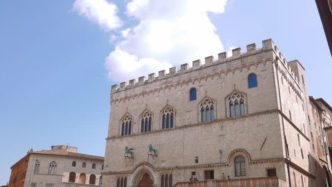 Panoramic shot of Perugia main square with palace and fountain, Italy