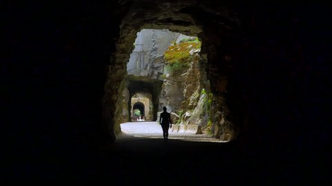 4K Abandoned Train Tunnels, Woman Walks From Dark into Light, 1800s Railroad