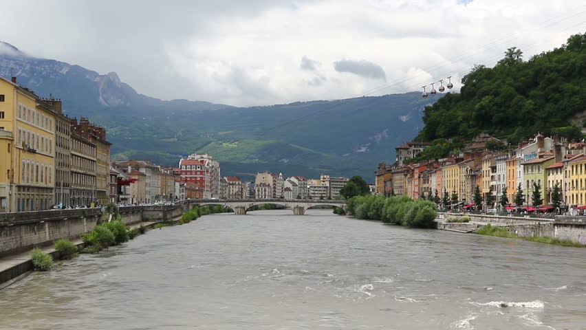 Picturesque aerial view of Grenoble city, France. Grenoble-Bastille cable car on the foreground