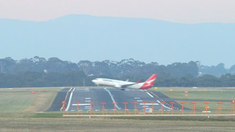Melbourne, Australia - May 6, 2016: Qantas airplane taking off at Melbourne Airport